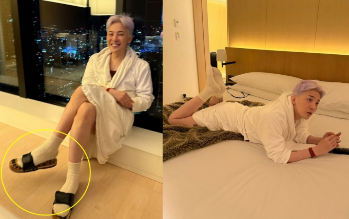 그룹 빅뱅 지드래곤이 일본 도쿄의 한 호텔에서 지압슬리퍼를 신고 있는 모습이 누리꾼들의 관심을 모았다. /사진=지드래곤 서브 인스타그램 계정 캡처