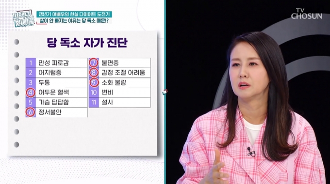 배우 이승신(56)이 당 독소 자가진단 테스트 항목 11개 중 5개에 해당한다고 밝혔다./사진=TV조선 &#039;퍼펙트 라이프&#039; 방송 화면