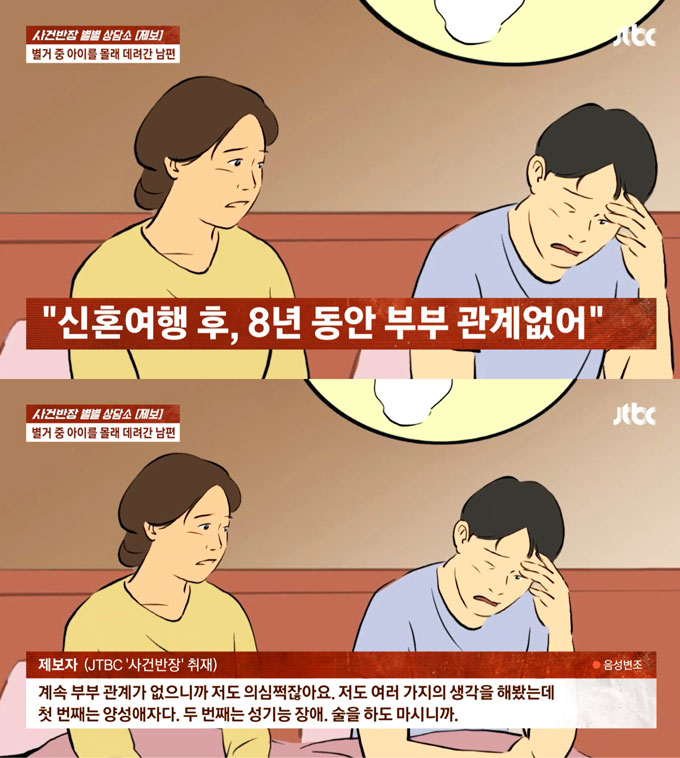 남편의 적극적인 대시로 결혼했으나 8년간 부부 관계가 없어 의심쩍었다는 아내의 사연이 전해졌다./사진=JTBC &#039;사건반장&#039; 방송 화면