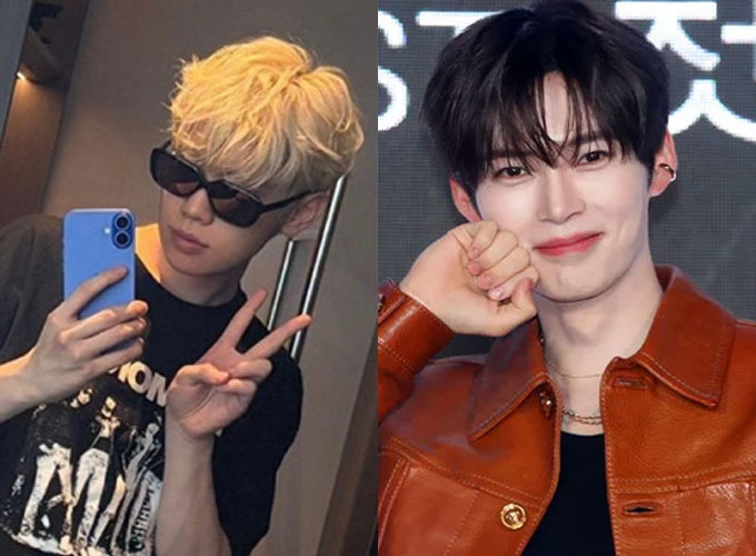 그룹 제로베이스원 김태래가 지난 26일 팬 소통 앱에 손가락으로 &#039;브이&#039;(V)자를 그린 사진을 올렸다가 파란색 휴대폰 케이스를 들고 브이를 그린 사진을 다시 올렸다. 김태래는 소속사에서 &#039;브이&#039; 포즈 주의를 당부 받았다고 전했다. 그룹 제로베이스원 성한빈은 손가락이 아닌 주먹을 볼에 갖단대는 포즈를 취했다. /사진=온라인 커뮤니티, 뉴시스