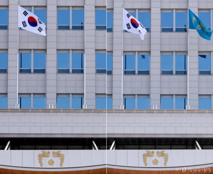  제21대 이재명 대통령 임기가 시작된 4일 서울 용산 대통령실 청사에 봉황기가 게양돼 있다. 왼쪽은 이날 봉황기 게양 전의 모습. /사진=뉴시스