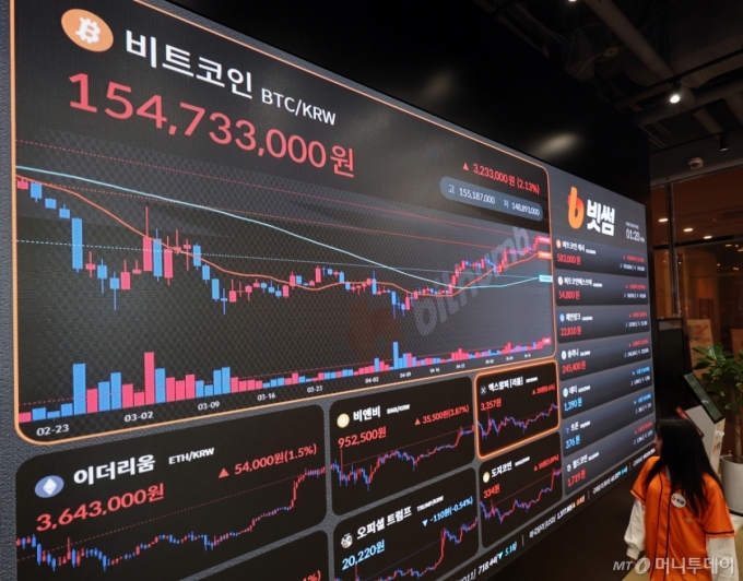 (서울=뉴스1) 황기선 기자 = 5월22일 서울 서초구 빗썸라운지 전광판에 비트코인 등 가상자산 시세가 표시되고 있다. Copyright (C) 뉴스1. All rights reserved. 무단 전재 및 재배포,  AI학습 이용 금지. /사진=(서울=뉴스1) 황기선 기자