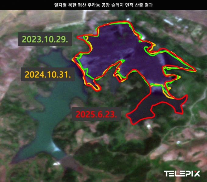 일자별 북한 평산 우라늄 공장 슬러지 면적 산출 결과/이미지=텔레픽스