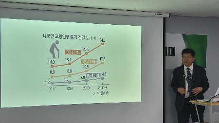 정순섭 대한대장항문학회 이사장이 29일 한국의학바이오기자협회가 개최한 미디어 아카데미에서 '질병을 넘어 품위까지'…초고령사회 필수의료 '대장항문외과'를 주제로 강연하고 있다./사진=박정렬 기자