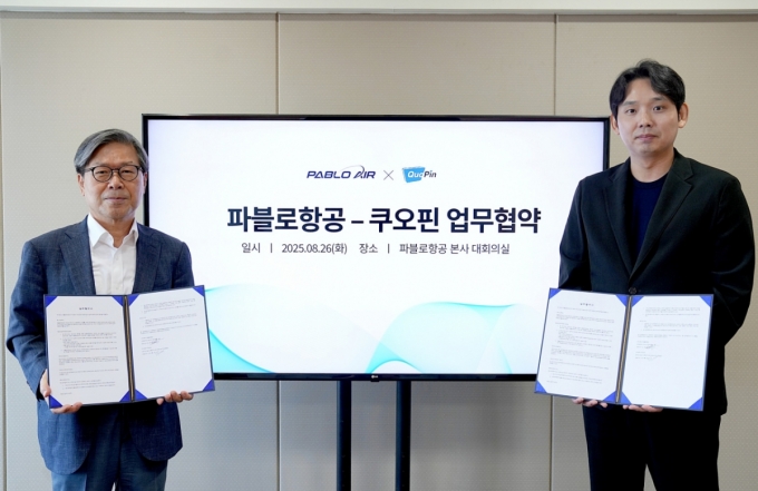 김영준 파블로항공 대표(오른쪽)와 이상훈 쿠오핀 대표가 업무협약을 맺고 있다. /사진=파블로항공 제공