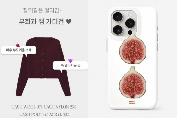&#039;무화과&#039;를 컨셉으로 내놓은 가디건과 핸드폰케이스/사진제공=에이블리