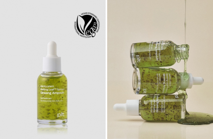라피끄의 인기 제품인 &#039;플렌티 플랜트&#039;의 멜팅 리프 진생 앰플, 제품에 보이는 새싹인삼잎이 문지르면 피부에 흡수된다 /사진제공=라피끄