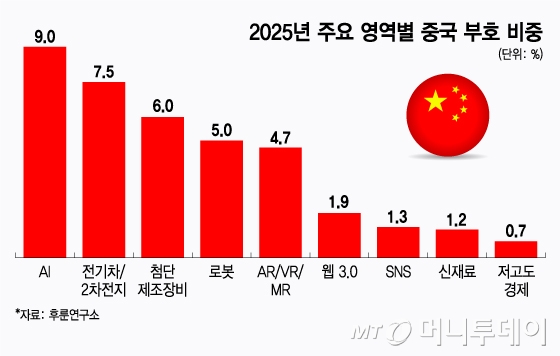 2025년 주요 영역별 중국 부호 비중/그래픽=김지영