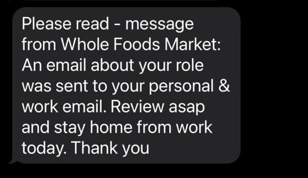 아마존의 홀푸즈가 정리해고 대상자에게 보낸 문자/사진=미국 월스트리트저널