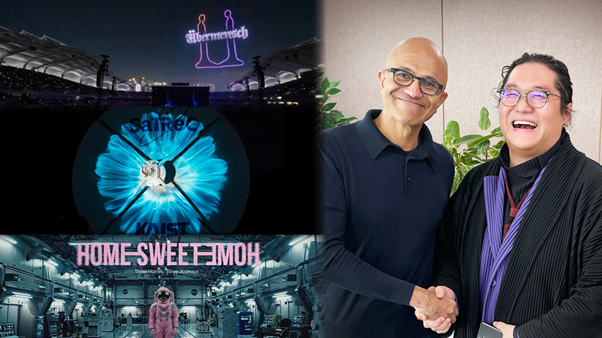 마이크로소프트의 AI 솔루션을 통해 제작된 &#039;홈 스윗 홈&#039;(왼쪽)과 MS의 사티아 나델라 최고경영자(CEO)를 만난 최용호 갤럭시코퍼레이션 대표 /사진제공=갤러시코퍼레이션