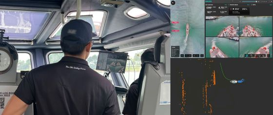  싱가포르 민방위청 소방정에서 실증 중인 NAVISS Compact 모습(왼쪽), AI 어라운드뷰(오른쪽 위)와 AI 접안 최적 경로 제안(오른쪽 아래) 화면/사진=씨드로닉스 