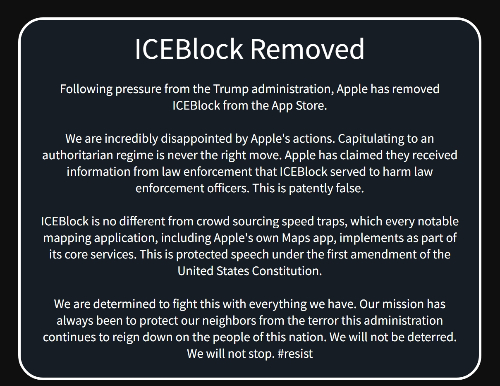 ICE블록 운영진이 트럼프 행정부의 압박에 따라 앱이 삭제됐다는 내용의 공지사항을 홈페이지에 게시했다. 또다른 공지를 통해서는 ICE블록을 설치한 경우 &quot;여전히 사용 가능하다&quot;며 사용자에게 앱을 삭제하지 말 것을 안내했다. /사진=ICE블록 웹페이지 