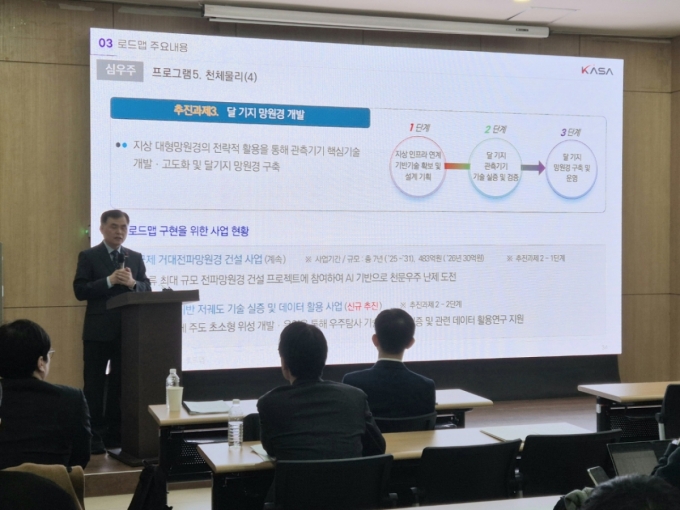 강경인 우주과학탐사부문장이 서울 종로구에서 열린 우주항공청 우주과학탐사 로드맵 및 화성탐사 전략 브라운백 미팅에서 로드맵을 설명하고 있다. /사진=박건희 기자