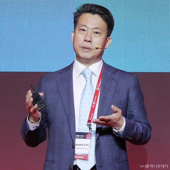 임정욱 중소벤처기업부 창업벤처혁신실장이 25일 영등포구 콘래드 서울 호텔에서 머니투데이 주최로 진행된 '2025 키플랫폼' 특별세션3에서 '중기부가 만드는 스타트업코리아'에 대해 기조강연을 하고 있다. /사진=김창현