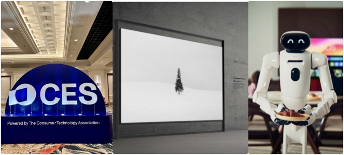 (왼쪽부터) CES 2026 조형물, 삼성전자의 130형 마이크로 RGB TV,  LG 가사로봇 클로이드/사진=머니투데이 및 삼성전자 LG전자 제공 