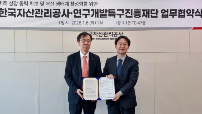 특구재단은 6일 부산국제금융센터에서 캠코와 '미래 성장 동력 확보 및 혁신 생태계 활성화를 위한 기술혁신기업 공동 지원 업무협약'을 체결했다. 오른쪽이 정희권 특구재단 이사장. /사진=연구개발특구진흥재단