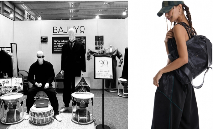 바주요 2023년 강남 코엑스 한복팝업스토어 모습(왼쪽)과 라이크한의 한복 소재와 레더소재 가방.(사진=각사 홈페이지)