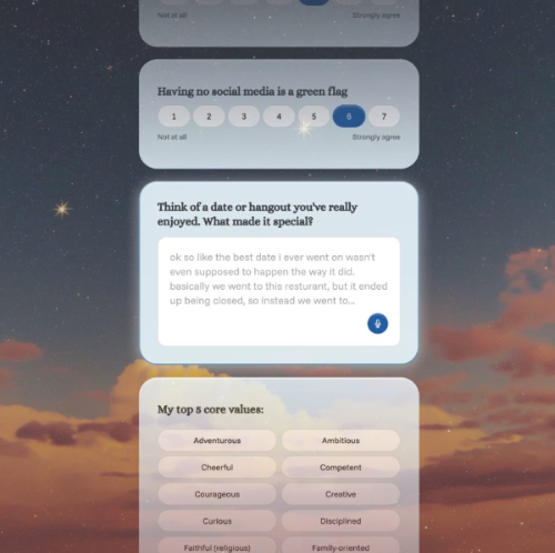 데이트 드롭 사용자는 자신의 가치관과 정치적 성향, 인생 목표, 소통 방식 등 66가지 심도 있는 질문에 답해야 한다. 