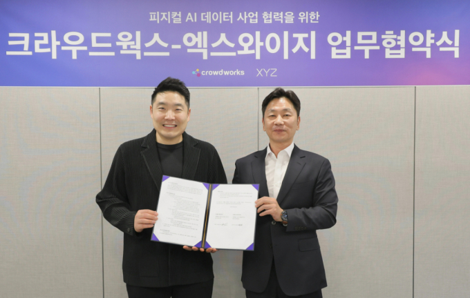 황성재 엑스와이지 대표(왼쪽)와 김광일 크라우드웍스 대표가 업무협약을 맺고 있다. /사진=엑스와이지 제공