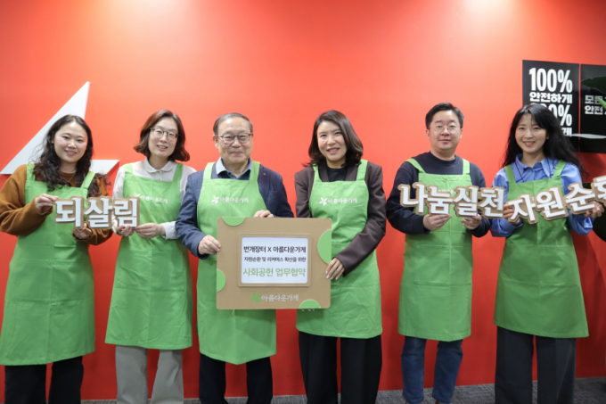 (왼쪽부터)아름다운가게의 권미진 ESG 팀장, 소은선 나눔문화국장, 장윤경 상임이사, 번개장터의 이신애 상무,  공유현 사업개발 본부장, 조은서 마케팅 본부장 /사진=번개장터 제공