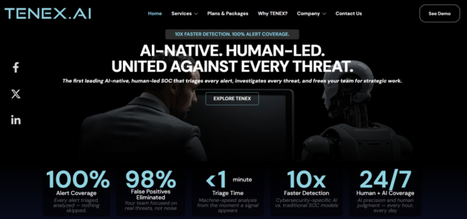 AI 보안 기업 '텐엑스.AI'(Tenex.AI)가 최근 2억5000만달러 투자금을 유치했다. 사진은 텐엑스AI 웹페이지. 