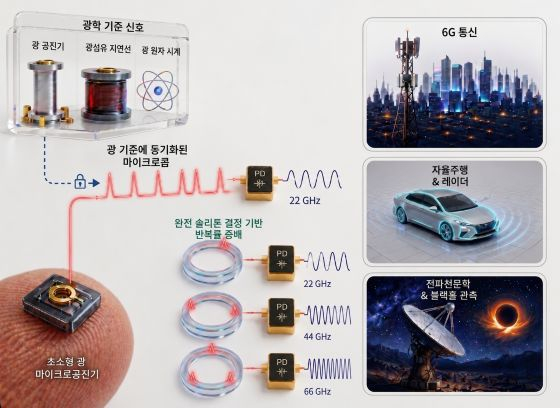 광학기준신호 기반으로 잡음 억제, 완전 솔리톤 파동 기반 주파수 증가한 초소형 광공진기 칩/자료=카이스트, AI 이미지 