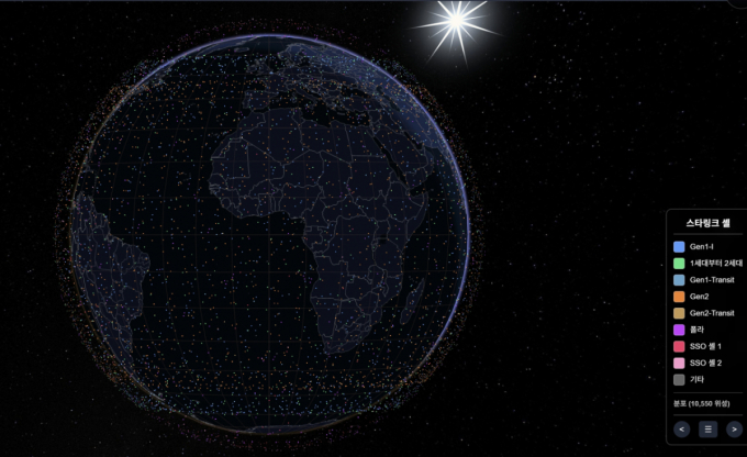 스페이스엑스의 스타링크 위성 분포도./사진= satellitemap.space 캡처