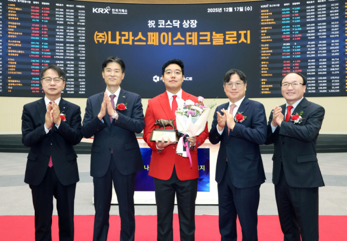 2025년 12월 사진은 상장 기념식 후 기념 사진 촬영하는 김대영 한국IR협의회 부회장, 민경욱 한국거래소 코스닥시장본부장, 박재필 나라스페이스테크놀로지 대표이사, 이충훈 삼성증권 부사장, 강왕락 코스닥협회 부회장의 모습. /사진=뉴스1(한국거래소 제공)