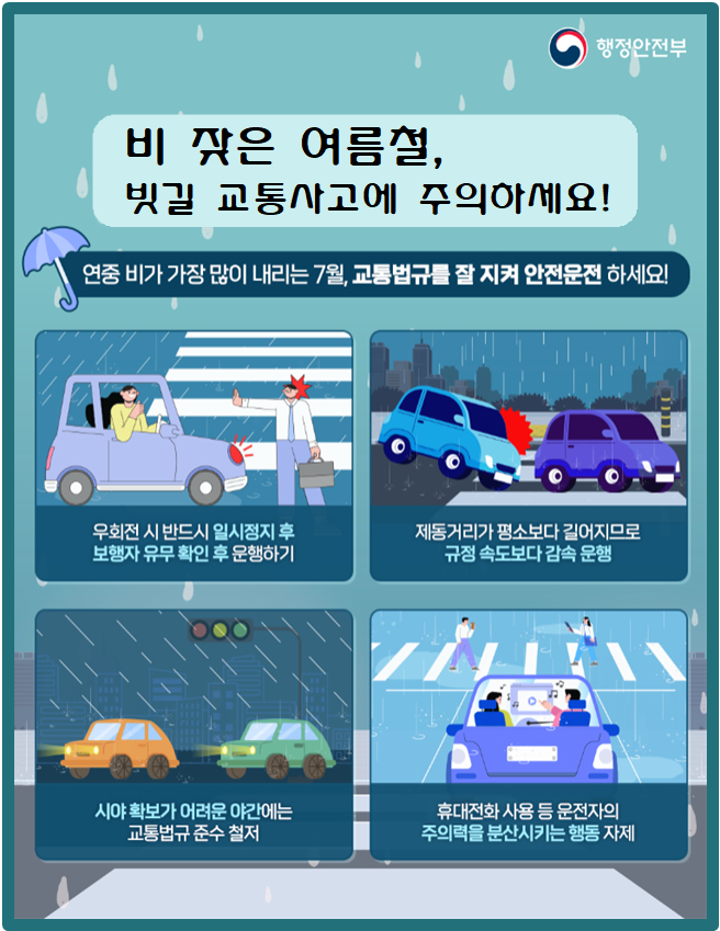 "7월 빗길 사고 가장 많다"…행안부, 감속 운전 당부