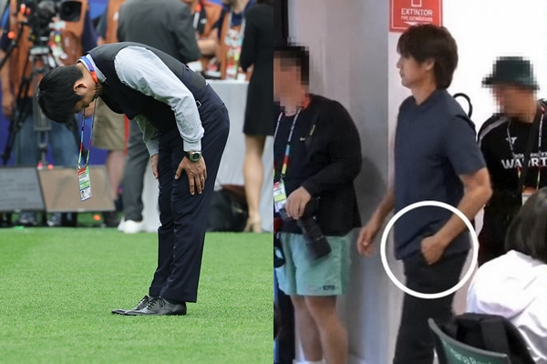 '주머니 손 꽂고 무성의' 홍명보 vs '90도 폴더인사 눈물' 모리야스... 탈락보다 뼈아픈 '태도 차이' 논란 "품격부터 다르다"