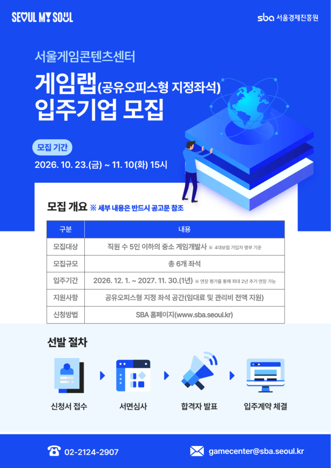 서울시-SBA '서울게임콘텐츠센터 게임랩' 신규 입주기업 모집