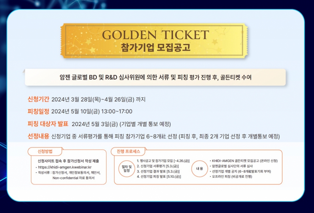 '보건산업진흥원-암젠 골든티켓' 참가기업 모집 - 뉴스 썸네일 이미지