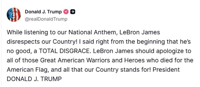 President Trump demanding an apology from LeBron. /Photo=President Trump's official SNS