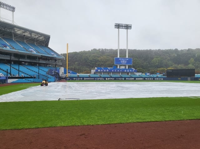 Se ha desplegado una lona impermeable en el Daegu Samsung Lions Park, donde se disputará el primer partido de los playoffs. /foto=reportero Ahn Ho-geun