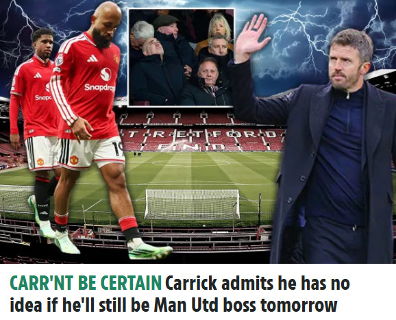 The UK's "The Sun" reported on the 26th (Korean time), "Manchester United's management held a conversation with Carrick immediately after the 0-3 crushing defeat against Bournemouth, but has not yet directly notified him of his dismissal." /Photo=The Sun compilation