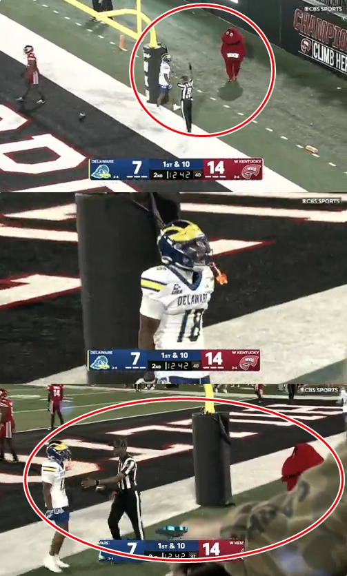 Sean Wilson of the University of Delaware and the Western Kentucky University mascot engage in a tense exchange (red circle). /Photo=Screenshot from CBS Sports broadcast