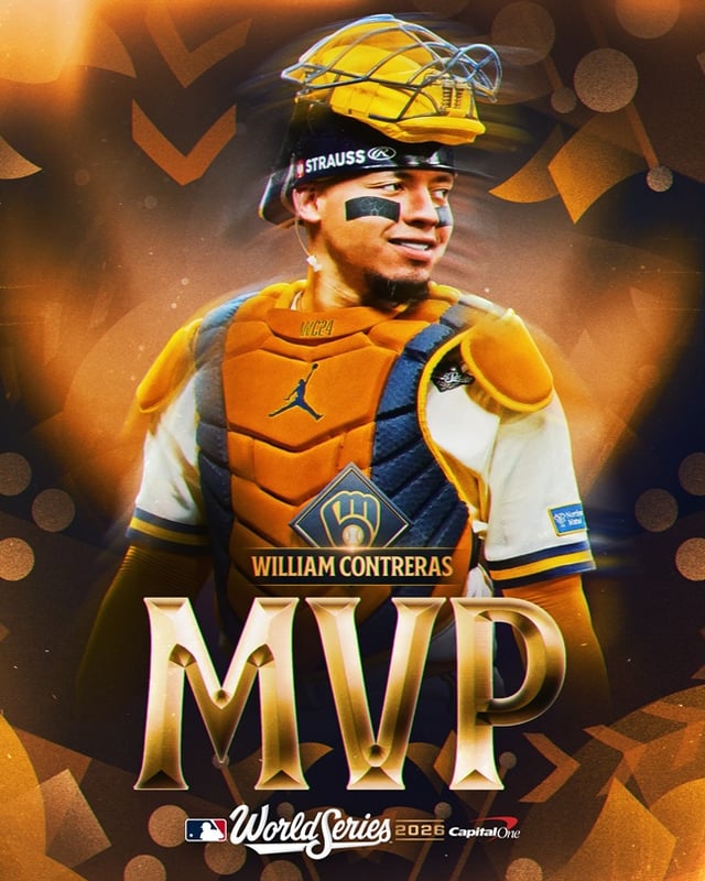 Уильям Контрерас из «Милуоки Брюэрс» получил награду MVP серии после того, как одержал победу в пятом матче Мировой серии MLB (бейсбольная лига США) 2026 года против «Тампа-Бэй Рейс», который состоялся 29-го числа на стадионе «Тропикана Филд» в Сент-Питерсберге, штат Флорида, США, и завоевал титул чемпиона. /Фото: MLB.com SNS