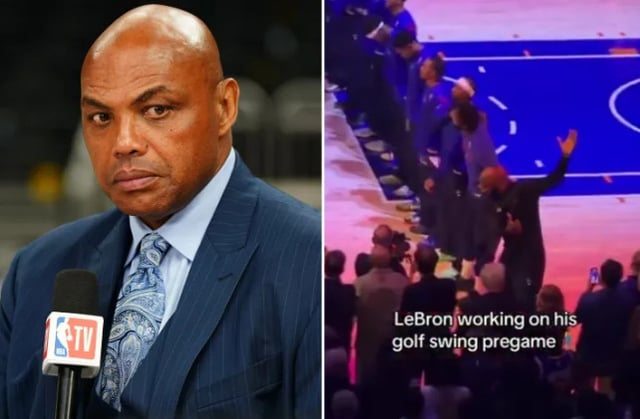 Charles Barkley (left) and LeBron James (right) performing a golf swing motion during the national anthem. /Photo=The Sun