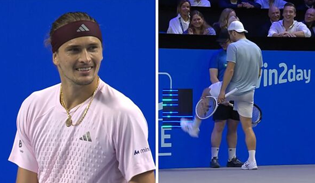Alexander Zverev (left) smiles at the advertising board malfunction that occurred during the match. On the right, opponent Tallon Griekspoor is seen kicking the broken advertising board while attempting to fix it. /Photo=Tennis TV capture