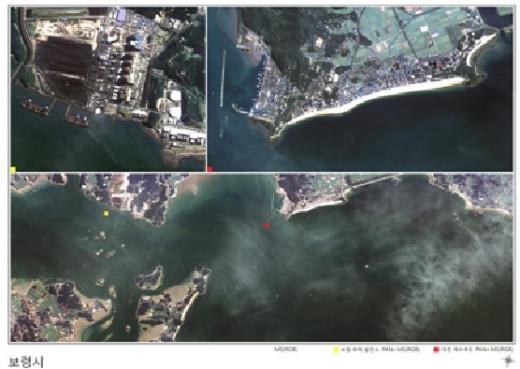 ▲다목적실용위성 2호가 촬영한 충남 보령시(1m칼라 합성)
다목적실용위성 2호가 촬영한 보령시 일대의 모습
보령화력발전소(상), 대천해수욕장과 대천항(우상)