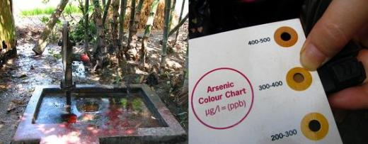 ↑방글라데시 산틴갈 마을의 한 펌프. 비소 농도가 높은 펌프엔 빨간 페인트 칠을 해놓고 식수 외의 용도 즉 빨래, 청소에 사용한다.