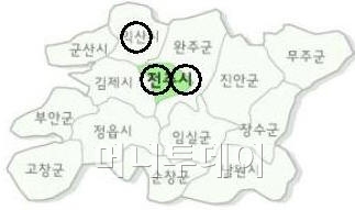 ▲전북 선거구. 검은 표시는 현역의원 탈락지역구.