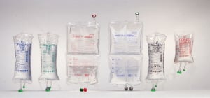 ↑ 중외제약의 다양한 수액제품, 친환경소재인 Non-PVC제품들이다.