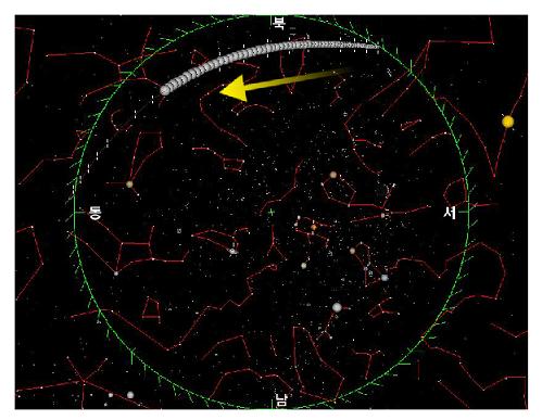 ▲국제우주정거장의 90일 밤 8시경 괘적