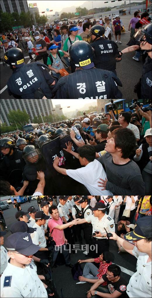 ↑<b>'막고, 밀고, 주저앉고'</b> 청와대로 향하던 시민들과 이를 저지하려는 경찰이대치하고 있다