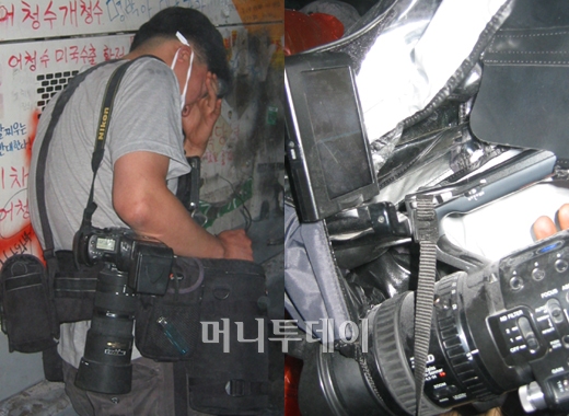 ↑경찰로부터 부상을 당한 한 매체의 사진기자(왼쪽)와 한국노동방송국 이모 PD의 파손된 카메라 액정. ⓒ조철희 기자