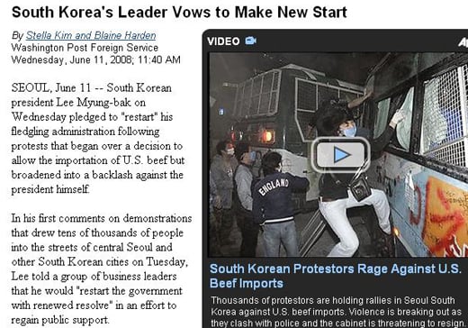 ↑한국의 미국산쇠고기 수입반대 촛불시위와 이명박대통령 반응 등을 보도한 워싱턴포스트 11일자 기사