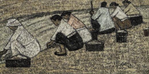 박수근,  빨래터, Oil on canvas, 37×72㎝. 1950년대