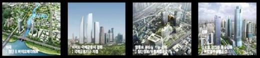 ↑ 서울 서남권 개발 관련 조감도. 왼쪽부터 마곡, 여의도, 영등포, 신도림 지역 개발.