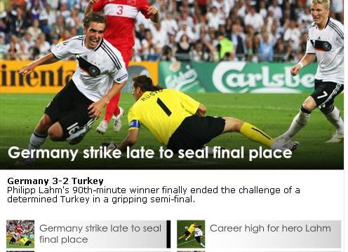 ↑유로2008 준결승전 독일-터키 경기 소식을 전한 유로2008 홈페이지